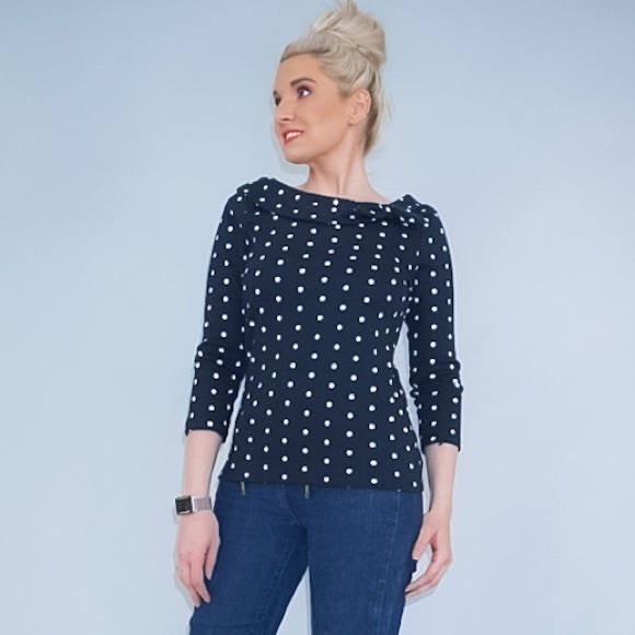 Black and White Polka Dot Boat Neck Shirt - Picture 3 of 16